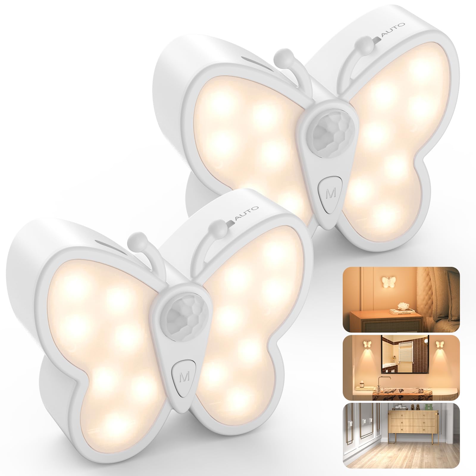 Motion Sensor Light, Rechargeable Butterfly Night Light with Auto/ON/Off and Removable Magnet, Stick on Lights for Kids, Bedroom, Stair, Hallway