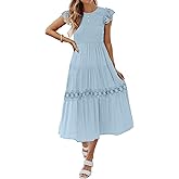 ZESICA Women's Casual Crew Neck Flutter Sleeve Smocked High Waist Hollow Out Lace Trim Tiered A Line Midi Dress