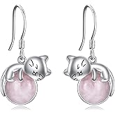 Vadmans Black Cat Earrings 925 Sterling Silver Cats Dangle Drop Earrings Birthstone/Moonstone Kitten Jewelry Gift for Women