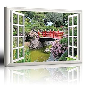 Modern White Window Looking Out Into a Red Bridge Over a Lake Surrounded by Beautiful Trees - Canvas Art Home Art - 24x36 inches