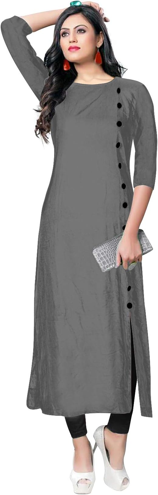 Multi Color Rayon Fabric 3/4 Sleeve Round Neck Solid Plain Kurti for Women