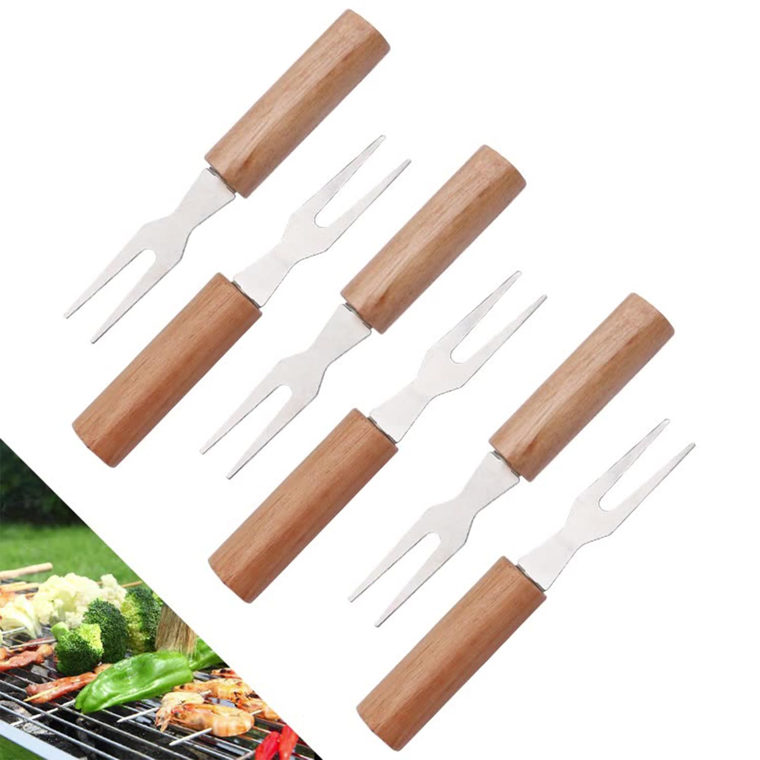 12 Pcs Stainless Steel BBQ Forks, Cheese Corn Fork with Wooden Handle for Outdoor Travel, Snack Fork for Dried Fruit, Marshmallow Toasting, Cheese, Fried Chicken Nuggets, Vegetables