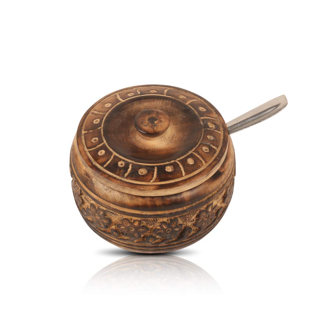 Decorative Rustic Wooden Sugar Bowl & Spoon With Lid Wide Mouth Candy Treat Jar Spice Jar Holder Condiment Nuts Serving Bowl Pot Salt Spice Herb Loose Leaf Tea Storage Container Novelty Home & Kitchen