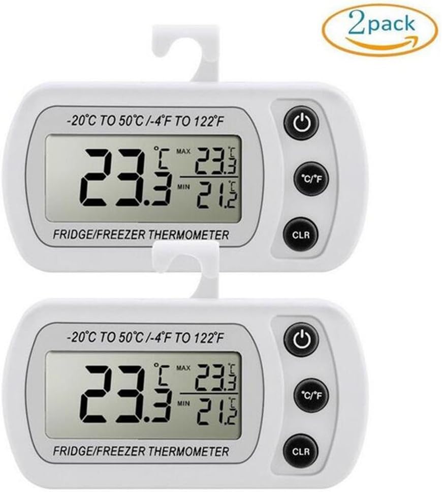 Refrigerator Thermometer 2 Pack, Emwel Waterproof Digital Wireless Fridge Freezer Thermometer Indoor Temperature Monitor With Hook Easy to Read LCD Display and Max/Min Function from -20 to 50 Degree (-4 to 122 Fahrenheit),Perfect for Home Restaurants Bars Cafes, White