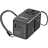 MINIX 100W Universal Travel Adapter with Retractable USB C Cable,GaN III International Power Adapter, Type-C*3 USB-A*1 Ports, AC Outlet, Worldwide Travel Charger for Laptops Tablets Phones Cameras