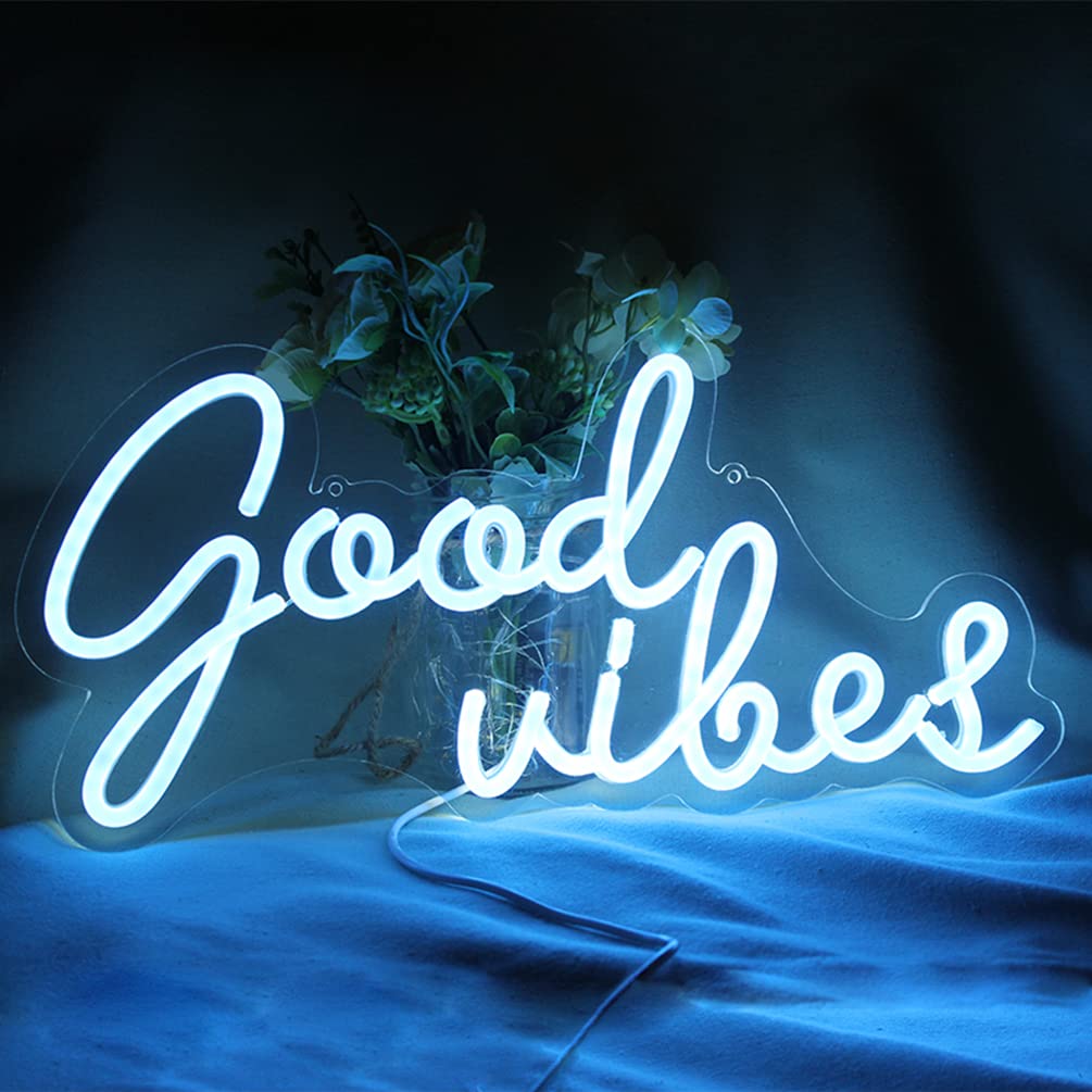 DAKABUKA Good Vibes Neon Signs LED Night Lights For Wall Decor Blue 5V USB Powered With Dimmable Switch Bedroom Party Restaurant Bar Pub Hotel Recreational Decoration（16 * 7.5“）