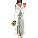 LETSVDO Womens Long Crochet Cardigan Bell Sleeve Ruffle Knit Hollow Out Lightweight Duster Sweater Beach Cover up Dress