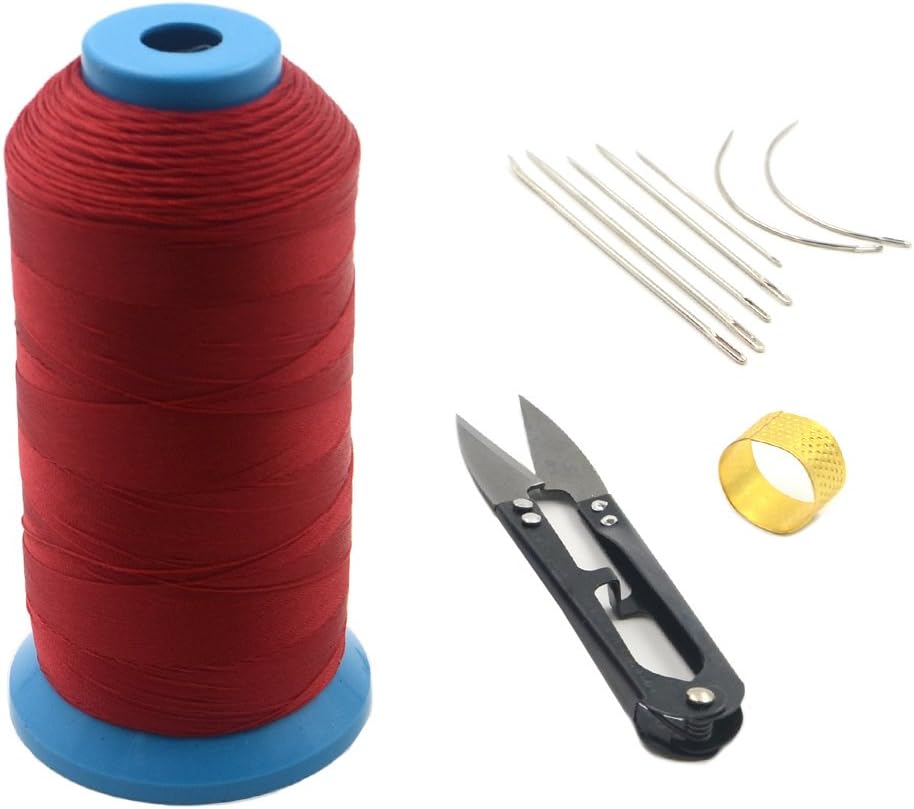 AngelaKerry Basic Beginer Sewing Set - 1500 Yard 210D/3 Bonded Nylon Thread, Curved Needles, Scissors and Thimble Tools Kits (with Red Nylon Thread)
