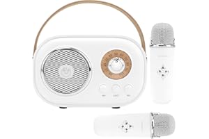 Aresrora Mini Karaoke Machine for Kids,Portable Bluetooth Speaker with 2 Wireless Microphone,Toys for Girls Boys Gifts,Retro Speaker Set Stereo Sound Enhanced Bass for Home Party Birthday (White)
