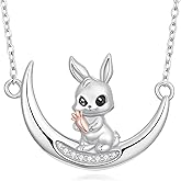 LWXIE Diamond Bunny Necklace for Women 925 Sterling Silver Rabbit Moon Pendant with Lab Grown Diamond Jewelry Easter Gift for Daughter