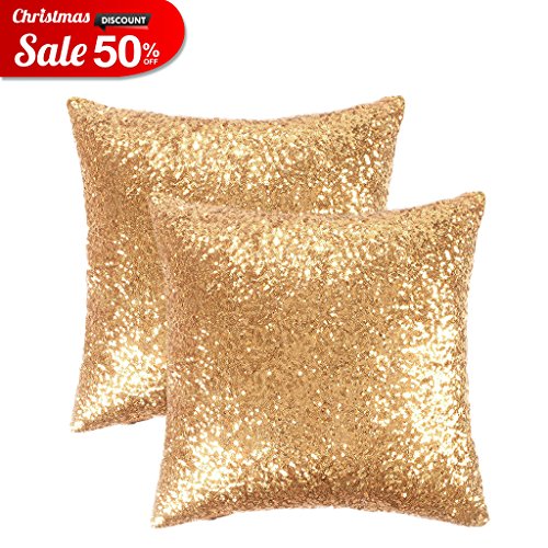 Glitter Sequins Stylish Cushion Covers - PONY DANCE Xmas Home Decor Stylish Solid Throw Pillow Covers Cushion Shams for Sofa Including Hidden Zipper Design,18 by 18 Inches,2 Pieces,Gold