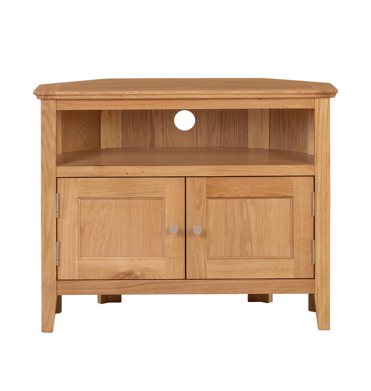 Hallowood Furniture Hereford Oak Small Corner TV Unit with with Cable Hole & Storage Cupboard, 2-Door Solid Wooden Light Oak TV Stand Cabinet with 1 Shelf, Corner Unit for Living Room or Bedroom