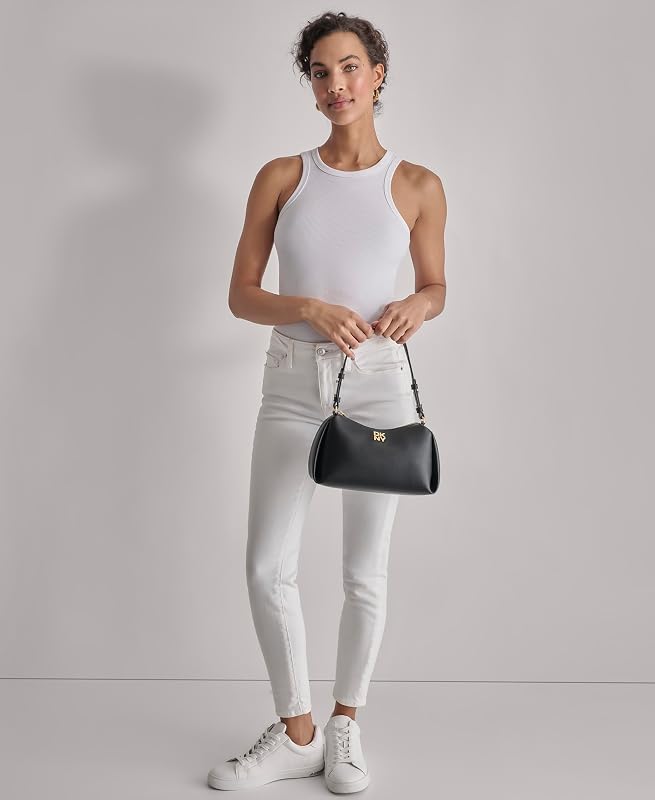 Women's Remy Top Zip Shoulder Bag, Black and Gold, One Size