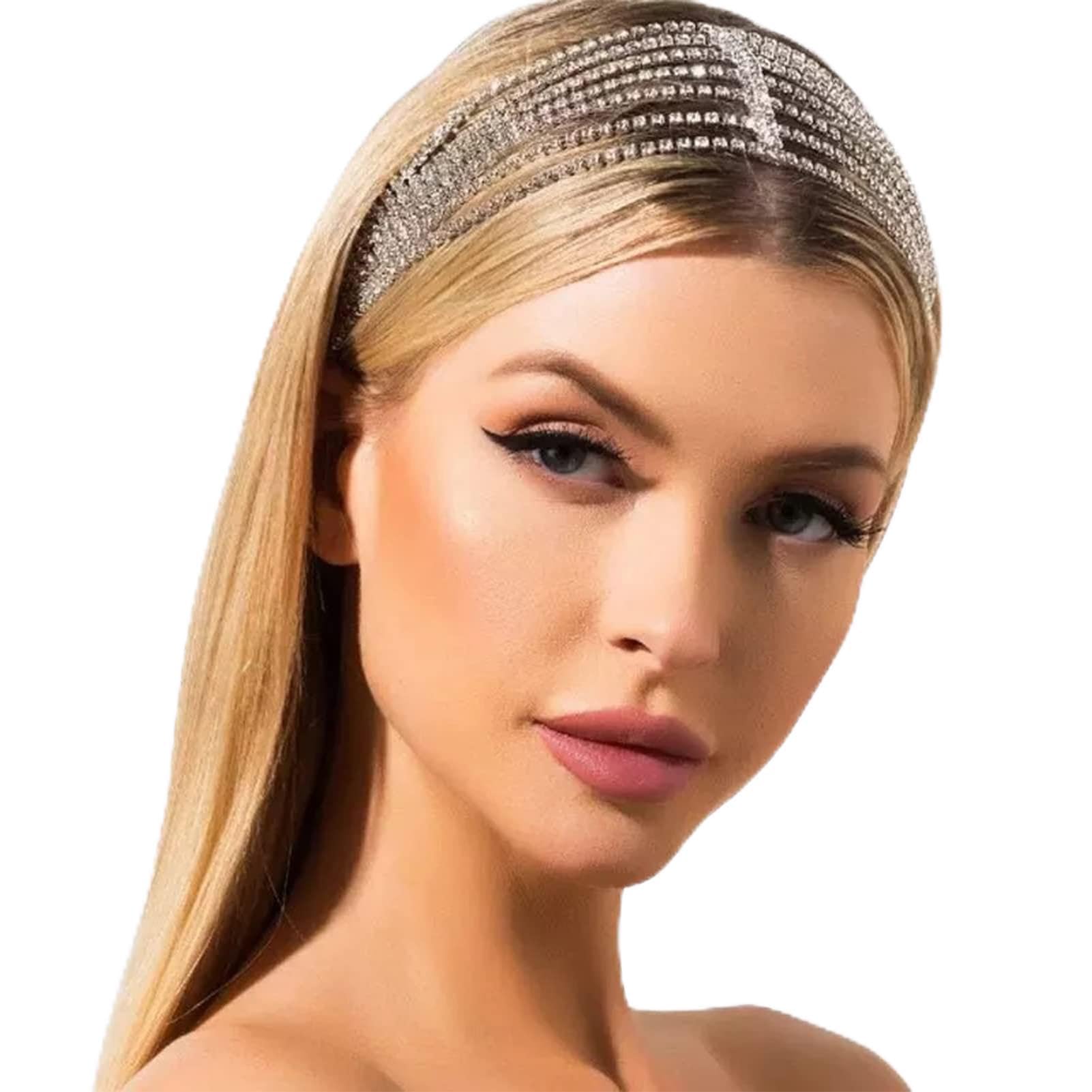 NICENEEDED Silver Rhinestone Head Chain, Multi Layered Elastic Crystal Headband for Women, Forehead Bridal Headpiece Prom Hair Jewelry for Women Halloween