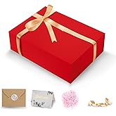DUOTAN Large Gift Box with Lid, 13.5 x 10 x 3.5 Inch Red Magnetic Gift Box for Presents with Card, Ribbon, Shredded Paper for Birthday, Wedding, Christmas (Glossy)