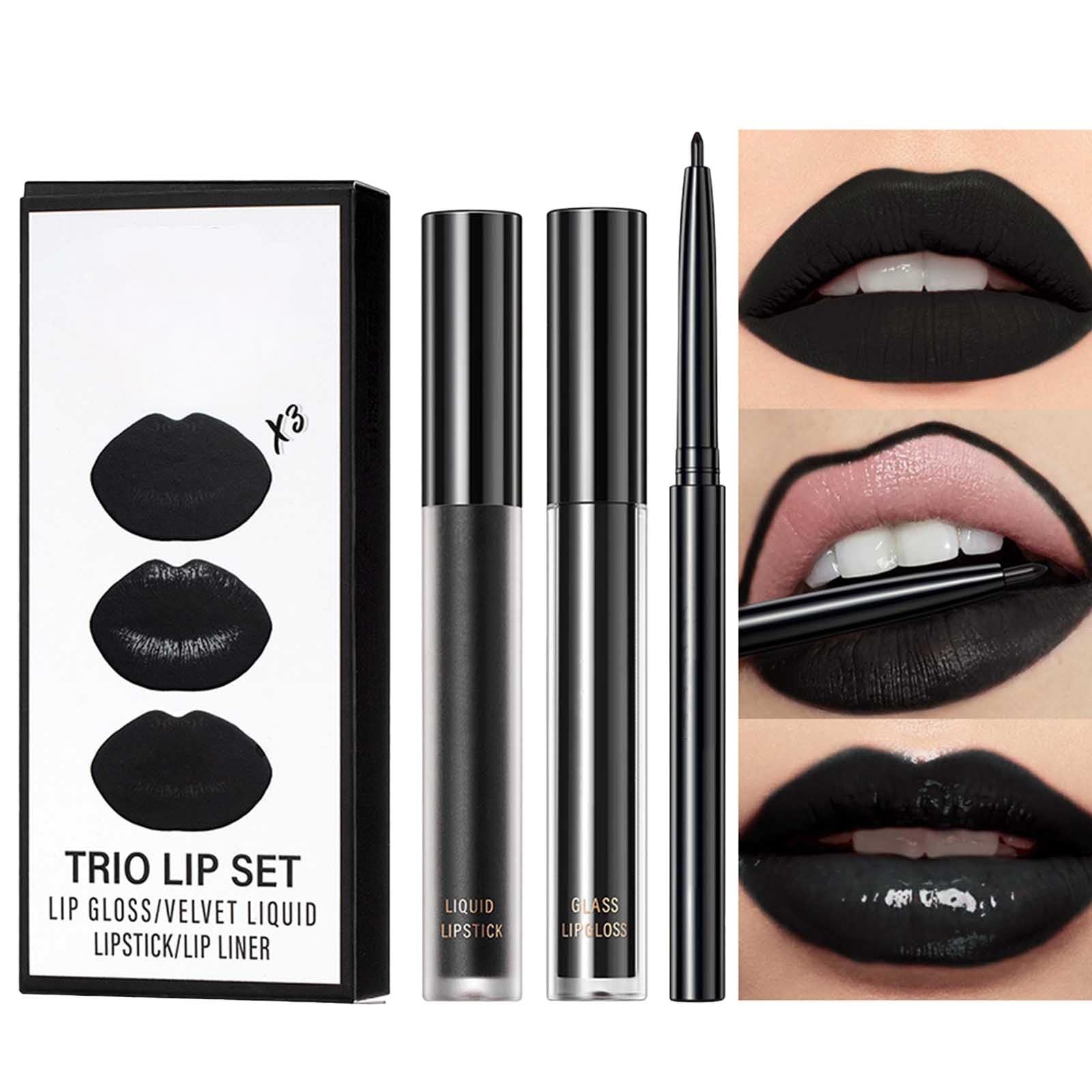 3-in-1 Black Matte Lip Liner and Lipstick Set - Non-Sticky, Long Lasting, Waterproof, Moisturizing Liquid Lipstick for Daily Makeup and Holiday
