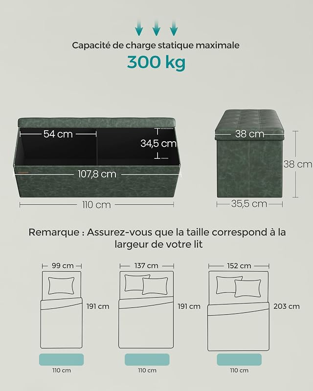 Sitzhocker Banc, Pouf Pliable, 38 x 110 x 38 cm, Bout de Lit, Repose-Pieds, Coffre de Rangement, Charge jusqu'à 300 kg, pour Salon, Chambre, Entrée, Vert Forêt LSF070C01, 110L cm