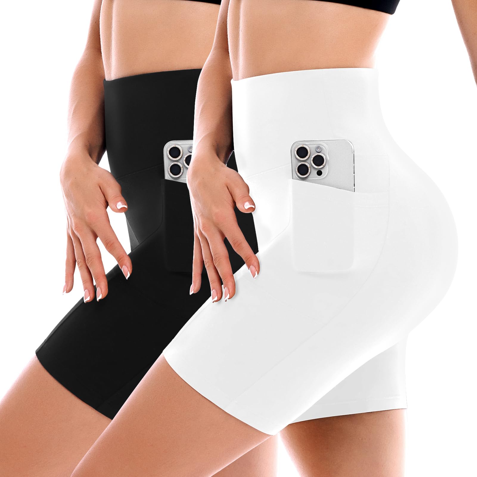 Photo 1 of **********DAMAGED*******
SINOPHANT 2 Pack Biker Shorts with Pockets High Waist Yoga Running Gym Workout Buttery Soft AthleticWhite LXL