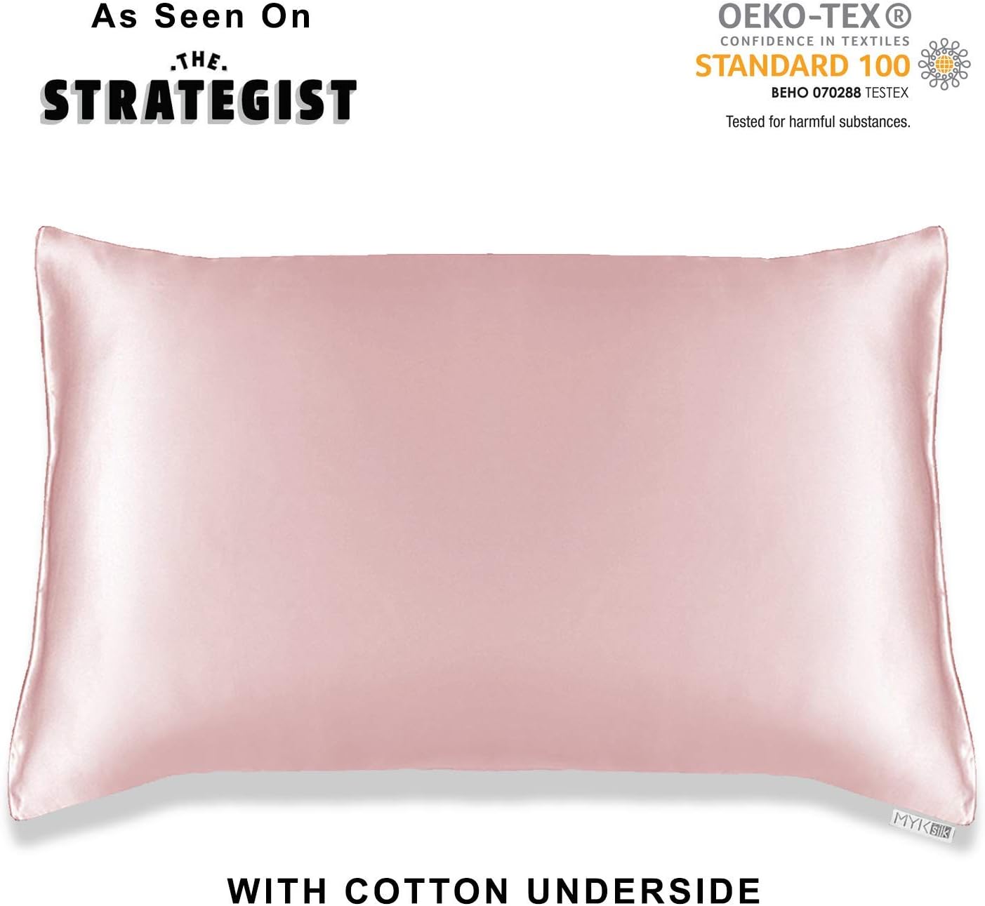MYK Pure Natural Mulberry Silk Pillowcase, 19 Momme with Cotton Underside for Hair & Skin, OEKO-TEX, Pink, Standard Size