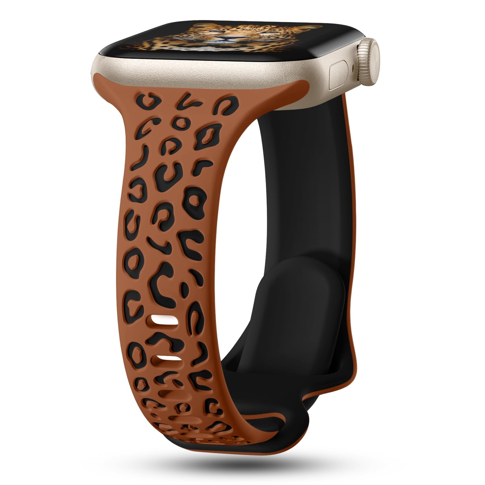 Photo 1 of CreateGreat Slim Leopard Engraved Bands Compatible with Apple Watch Band 41mm 40mm 38mm Women, Cheetah Silicone Strap for iWatch Series 10 9 8 7 6 5 4 3 2 1,Ultra,SE-Brown.Black
