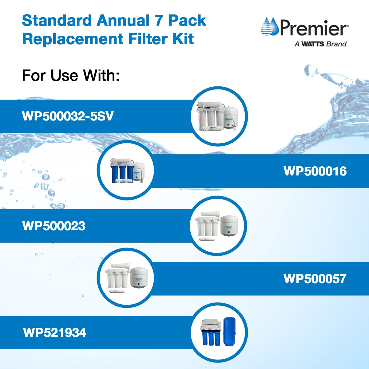Watts Premier Annual 7-Pack Standard Water Filter Replacement Kit for RO-TFM-5SV, WP-ST6DM, WP-5, WP5-50 Reverse Osmosis System, 2 Sediment Filters, 4 Carbon Pre-Filters, GAC Inline Post-Filter