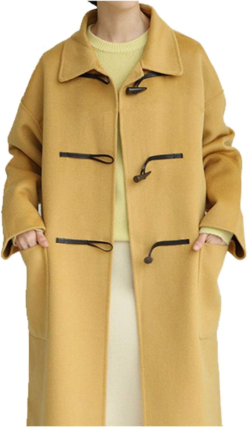 Horn Button Woolen Blend Coat for Women Long Black Peterpan Collar Wool