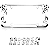 Premium 3D Palm Tree Chrome License Plate Frame with 4 Silver Screw Caps, Street Legal Universal Fit for Cars & Trucks, Heavy Duty Rust-Free Zinc Palm Trees Chrome License Plate Frame for Women & Men