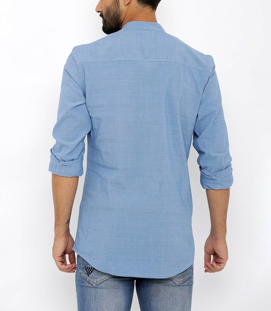 nick&jess mens blue lycra three button kurta cotton shirt