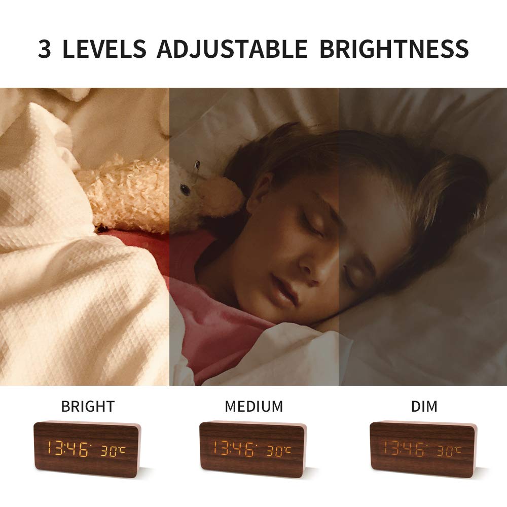 Digital Alarm Clock, LED Clocks with Display Temperature, 3 Alarm Settings, 3 Adjustable Brightness, Sound Control, Wood Alarm Clocks for Bedrooms, Brown