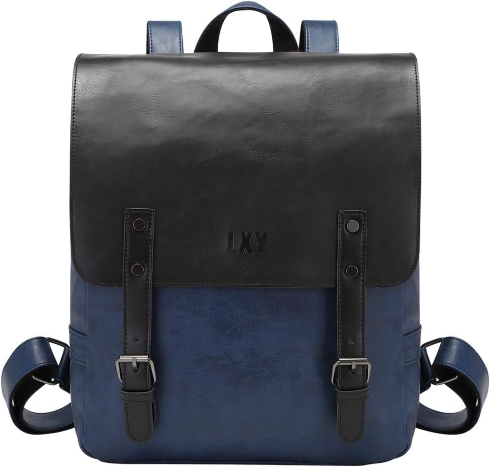 LXY Vegan Leather Backpack Vintage Laptop Bookbag for Women Men, Black Faux Leather Backpack Purse College School Bookbag Weekend Travel Daypack