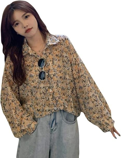Shuming シャツ レディース 長袖 ブラウス 花柄 シフォン 夏服 ファッション トップス 薄手 カジュアル可愛いシャツ Freeオレンジ シャツ ブラウス 通販 Amazon