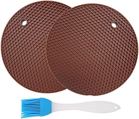 Jiaoyabuy Silicone Pot Holders Set of 2 Jar Opener, Trivets, Large Coaster, Spoon Rest, Flexible, Durable, Heat Resistant Mat with Basting Brushes for Home, Kitchen Utensils, Dining Usage Brown