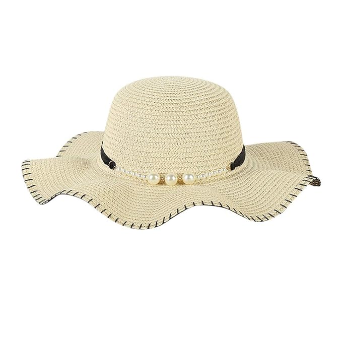 Sinfu Women Big Wave Wide Brim Straw Hat Pearl Decoration Outdoor