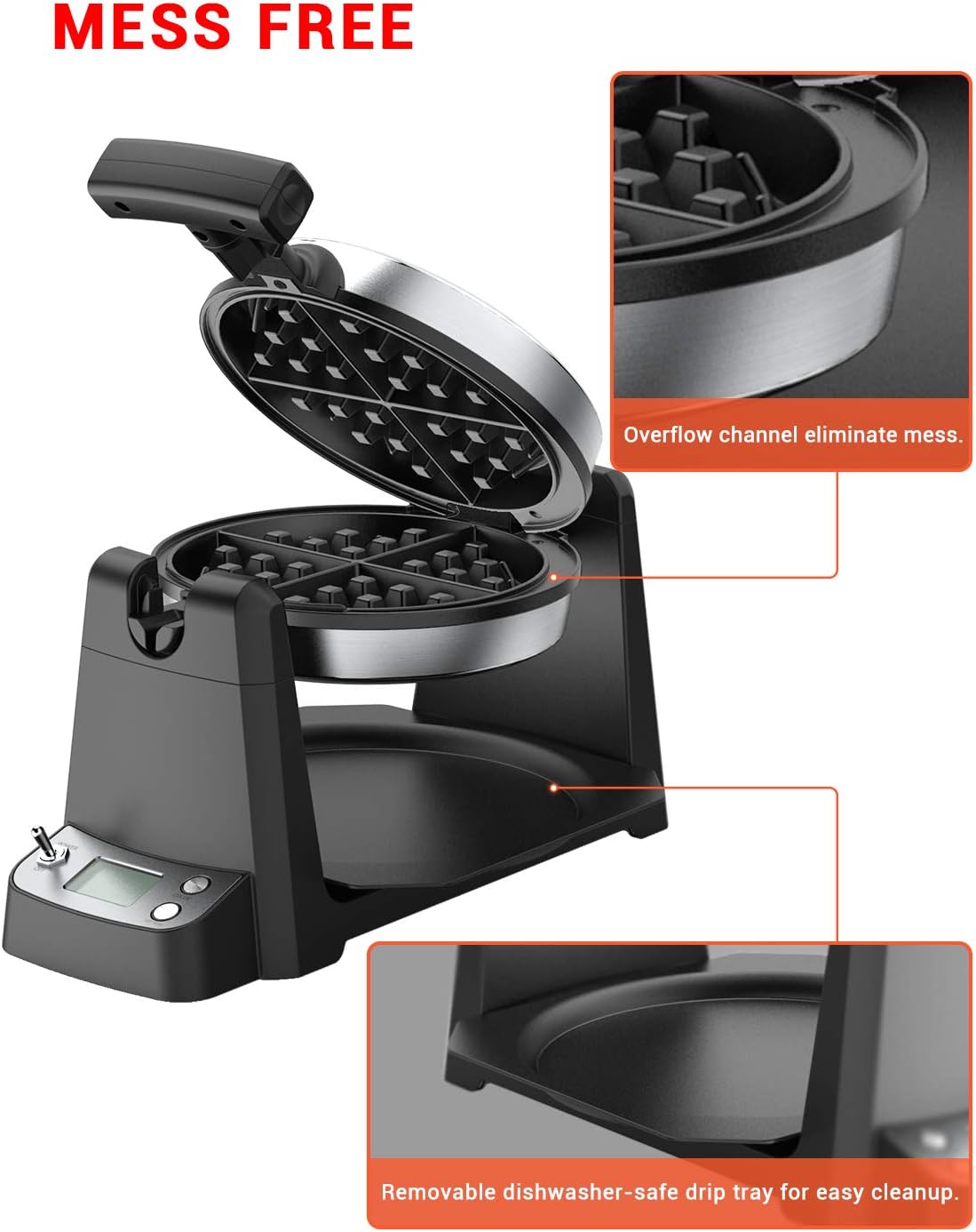 Elechomes Flip Belgian Waffle Maker with LCD Display (1.4" Thick Waffles), 180° Rotating Waffle Iron, Digital Timer, Non-Stick Coating Plates, Removable Drip Tray, Recipes Included, Stainless Steel: Kitchen & Dining