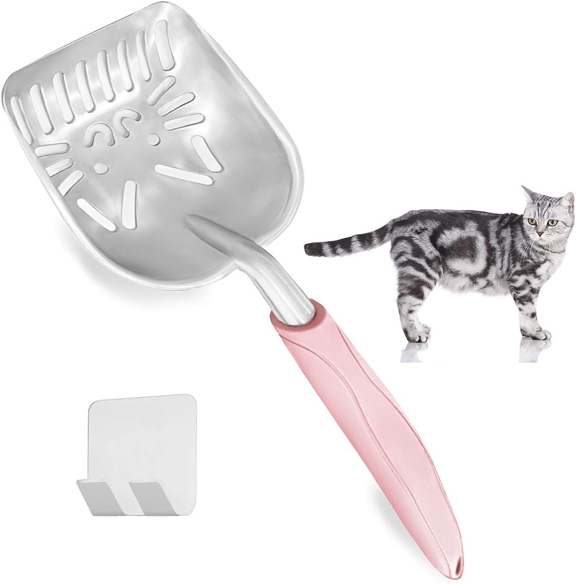 Litter Scoop,Cat Litter Scoope, Kitty Litter Scooper Large Metal with Holder Long Handle Small Holes Aluminum Deep Shovel Non-Stick Cat Accessories Supplies Box