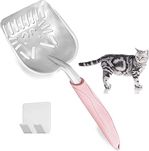 Litter Scoop,Cat Litter Scoope, Kitty Litter Scooper Large Metal with Holder Long Handle Small Holes Aluminum Deep Shovel Non-Stick Cat Accessories Supplies Box