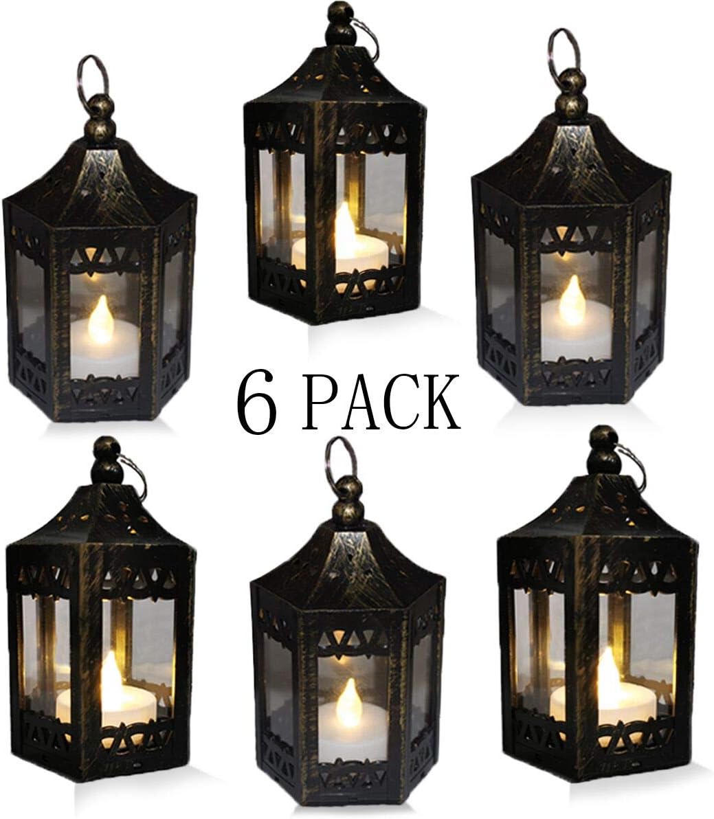 SHYMERY Mini Black Candle Lanterns,Vintage Style Decorative Hanging Small Lantern with Flickering LED for Halloween,Christmas,Wedding,Table Centerpiece, Accent Piece and Party Favor (Pack of 6)