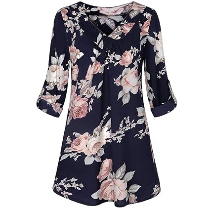 IMJONO Frauen Roll-up Top V-Ausschnitt Layered Shirt Bluse