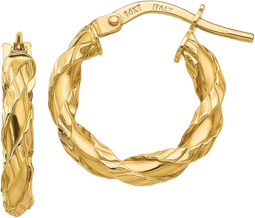 14K Yellow Gold Twisted Rope Hollow Hoop Earrings Length
