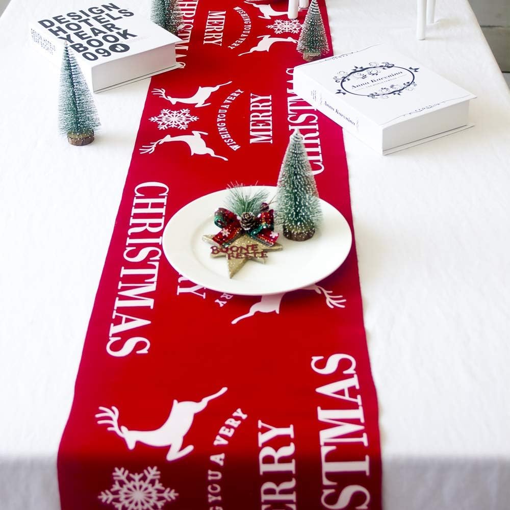 CupaPlay Christmas Table Runner White Snowflakes Table Linens for Christmas Decorations 11 x 106 Inch - Merry Christmas/Elk/Snowflake