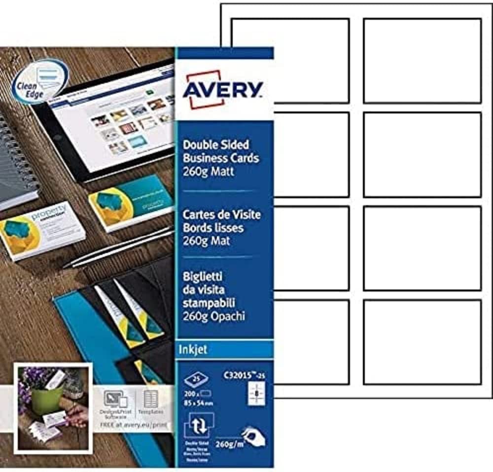 Avery Zweckform C32015-25 Premium Business Cards Special Inkjet Coating on Both Sides Matte Finish 85 x 54 mm / 25 Sheets / 200 Items