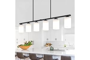 LZLDCJ 45.27'' Kitchen Island Light Fixtures, 6-Light Modern Dining Room Light Fixture, Black Pendant Lights with Milk Glass Shade, Linear Chandelier over Dining Table Lighting with Adjustable Rod, UL Listed