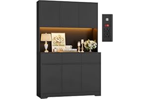 FINETONES 71" Tall Pantry Cabinet with Power Outlets and Led Lights, Large Kitchen Hutch Storage with Microwave Stand, Black Pantry Kitchen Cabinet with Cupboard