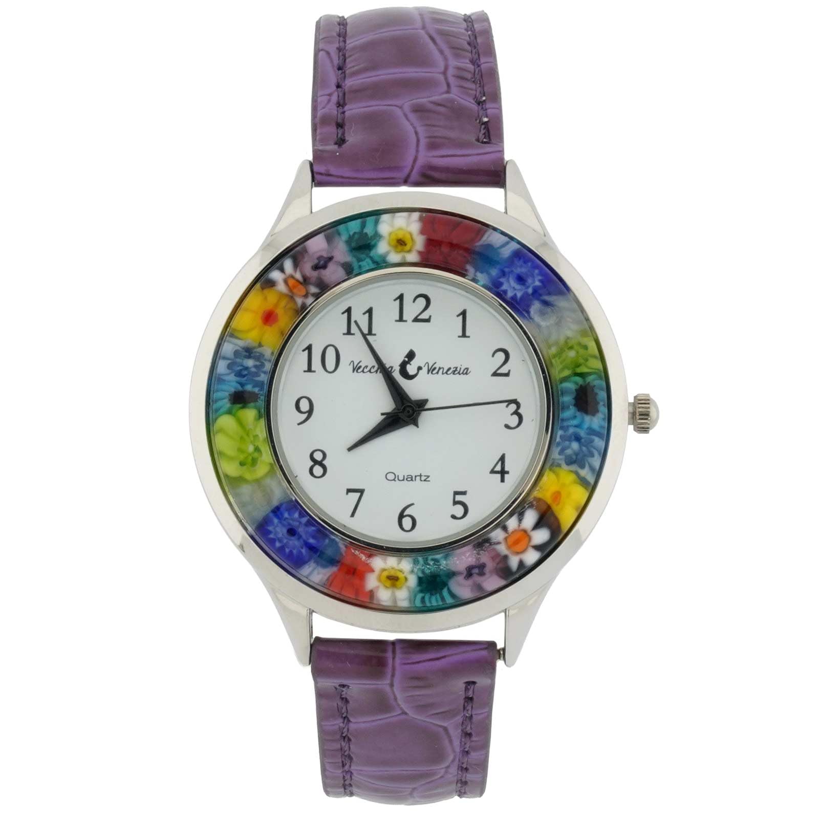 Glass Of Venice Serena Murano Millefiori Watch with Leather Band - Purple