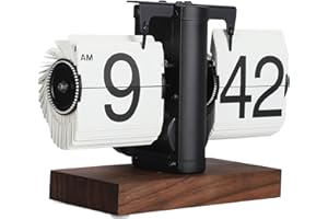 FOSA Flip Desk Clock, Retro Vintage Flip Desk Table Clock, Digital Sided Large Numbers Mechanical Flip Clock Wood Base for Living Room, Study Room and Office（Black）