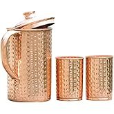 2activelife 100% Pure Copper Pitcher 50.72 Oz / 1500 ml With 2 Tumblers | Drinking Water Hammered Pitcher With Glasses | Copper Jug Set With Lid & Cups | Handle Water Bottle | Ayurveda Health Benefits