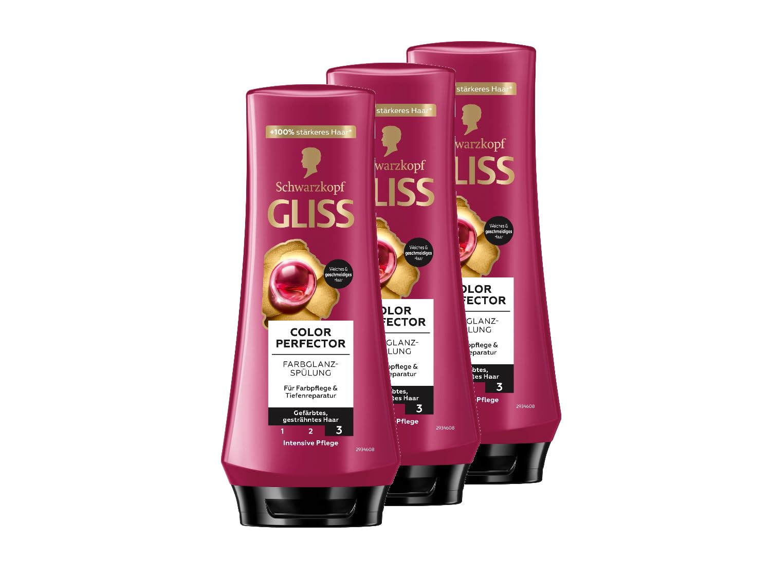 Gliss Colour Perfector Conditioner (3 x 200 ml), Conditioner with Hyaluronic Complex & Cranberry Extract for Highlighted & Coloured Hair Provides Colour Protection and Radiant Colour Shine