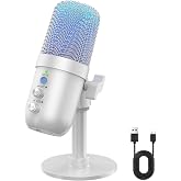 USB Microphone, Computer Condenser Mic with Noise Cancellation, Echo Mode, RGB Lighting, Mute Button, Plug &amp; Play Gaming Mic for PC, Mac, PS5, Streaming, Recording, Podcasting &amp; Online Meetings White