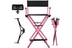 Lorvain Folable Makeup Artist Stool Chair, Protable Tall Folding Directors Chair, Aluminum Makeup Chair with Head Rest for Studio Salon Vanity, Bar Height - Pink Chair