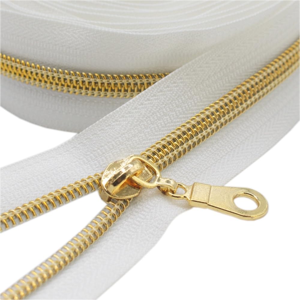 YaHoGa #5 Gold Metallic Nylon Coil Zippers by The Yard Bulk White Tape 10 Yards with 25pcs Gold Sliders for DIY Sewing Tailor Craft Bag (Gold White)